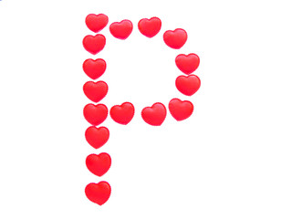 The letter P is made up of small red hearts isolated on a white background. Bright red font.