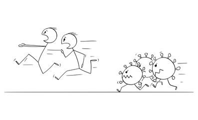 Vector cartoon stick figure drawing conceptual illustration of group of men or people running away in fear or panic, covid-19 coronavirus viruses are chasing them. Epidemic and health concept.