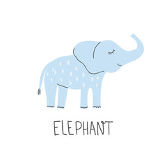 Hand Drawn African elephant. Cute doodle animal card. Scandinavian colorful childish illustration.