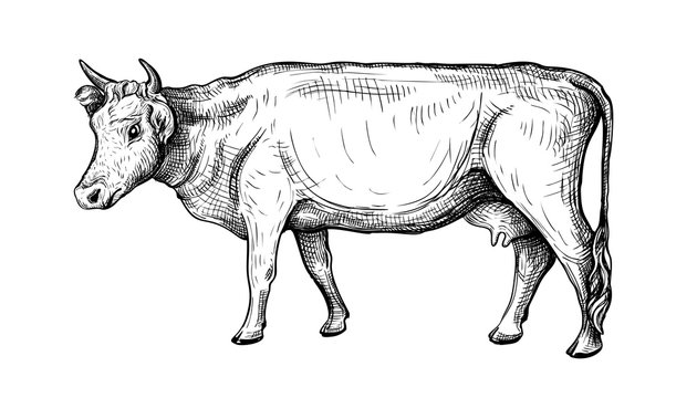 Hand-drawn vector illustration of a cow isolated on a white background. Side view. Animal husbandry. Black and white sketch