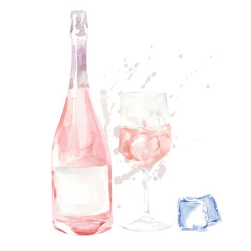 Champagne or sparkling rose bottle with glass and ice cubes with splash isolated on white background. Hand drawn vector watercolor illustration for decoration on a menu or card for a cafe, restaurant.
