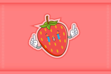 CRYING, SAD, SOB, CRY Face Emotion. Double Forefinger Hand Gesture. Red Strawberry Fruit Cartoon Drawing Mascot Illustration.