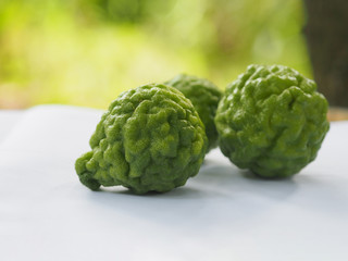 kaffir lime, Leech Lime Citrus hystrix DC Scientific name rough skin green vegetable