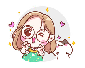 Character of cute girl showing two hands and cheerful or excited emotion isolated on white background with surprise concept.