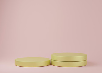 step yellow podiums on pink background. Abstract pedestal scene with geometrical. Scene to show cosmetic products presentation. Mock up design empty space. Showcase,shopfront,display case,3d render