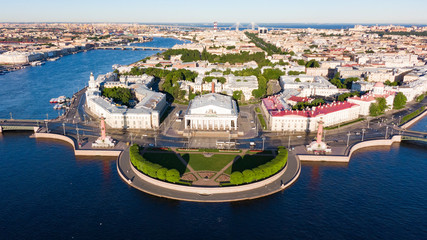 Spit of Vasilievsky Island in St. Petersburg on a summer sunny day, aerial view