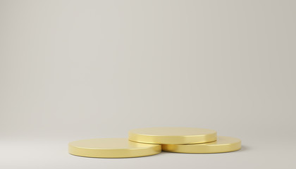 3d rendered with geometric step gold cylinder podium platform for cosmetic pedestal product presentation.Mock up design empty space. Abstract composition in pastel background modern style..