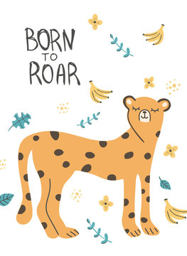 Hand Drawn baby shower poster print with Cheetah, hand lettering and hand drawn elements. Cute funny doodle animal poster card. Scandinavian colorful childish illustration.