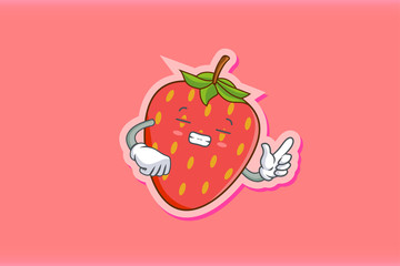 FRUSTRATED, GRIN SMILE, NERVOUS Face Emotion. Finger Gun Hand Gesture. Red Strawberry Fruit Cartoon Drawing Mascot Illustration.