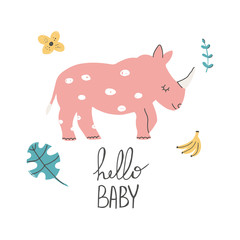 Hand Drawn baby shower poster print African rhino with hand lettering hello baby. Cute doodle animal card. Scandinavian colorful childish illustration.