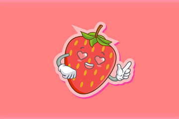 LOVELY, HAPPY, LOVING IN LOVE, HEART EYE Face Emotion. Finger Gun Hand Gesture. Red Strawberry Fruit Cartoon Drawing Mascot Illustration.