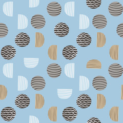 Simple geometric circles hand drawn pattern. Stripped figures in beige and brown tones on blue background.