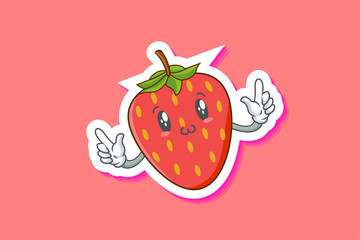 SMILING, HAPPY, UWU Face Emotion. Double Finger Gun Hand Gesture. Red Strawberry Fruit Cartoon Drawing Mascot Illustration.