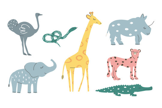Hand drawn Safari African animals vector set. Collection including giraffe, elephant, rhino, emu, snake, crocodile, cheetah. Scandinavian colorful childish illustration.