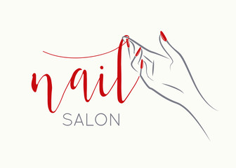Hand with beautiful, elegant red nail polish manicure.Nail salon illustration isolated on light background.Beauty, cosmetics and spa logo.Feminine, luxury style drawing for nails art business.