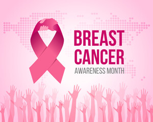 breast cancer awareness month banner - pink ribbon with hand hold hand sign on world map dot texture and Raise hand background vector design