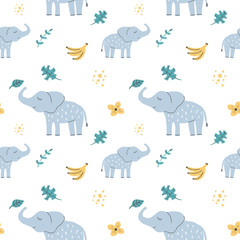 Hand drawn seamless pattern background with cute elephants and floral elements. Perfect for kids apparel, textile, fabric, nursery decoration, wrapping paper.