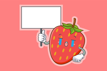 CRYING, SAD, SOB, CRY Face Emotion. Holding Whiteboard Hand Gesture. Red Strawberry Fruit Cartoon Drawing Mascot Illustration.