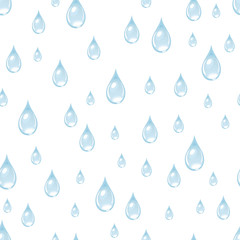 Clear blue water drops seamless pattern. Vector illustration of rain in cartoon flat style.