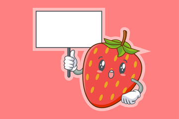 WOW, SURPRISED, AMAZED, DISMAY Face Emotion. Holding Whiteboard Hand Gesture. Red Strawberry Fruit Cartoon Drawing Mascot Illustration.