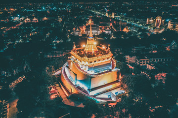 Aerial view of Wat Saket Golden Mount temple in Bangkok old town in Thailand