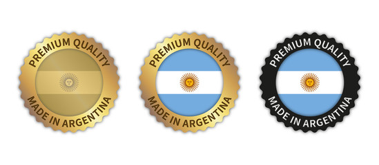 Set of 3 "Made in Argentina" vector icons. Illustration with transparent background. Country flag encircled with gold/black stamp. Sticker/logo for product/website.
