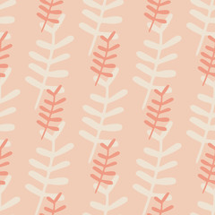 Pastel rozy pink seamless naive pattern with little and middle floral silhouettes. Simple backdrop.