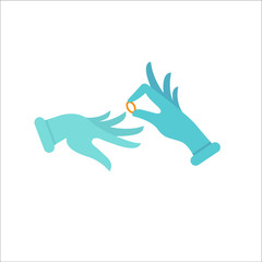 Obraz premium Rubber glove with a wedding ring. Concept: wedding ceremony during the coronavirus pandemic, prevention of infection during the wedding. Vector illustration, cartoon color design, isolated.