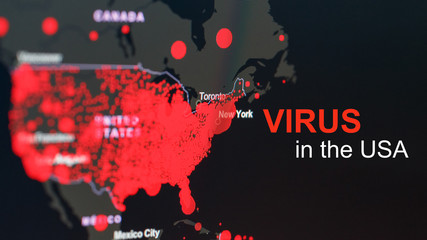 Virus epidemic in the United States the inscription VIRUS on the map of the United States of America with red dots of infection centers.