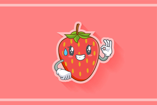 NERVOUS, PHEW, DISAPPOINTED, RELIEVED Face Emotion. Nice Hand Gesture. Red Strawberry Fruit Cartoon Drawing Mascot Illustration.
