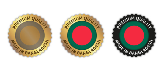 Set of 3 "Made in Bangladesh" vector icons. Illustration with transparent background. Country flag encircled with gold/black stamp. Sticker/logo for product/website.