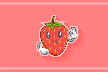 DUMB, FUNNY, TONGUE, cheerful Face Emotion. Nice Hand Gesture. Red Strawberry Fruit Cartoon Drawing Mascot Illustration.