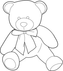 A vector line art illustration of a teddy bear with a ribbon