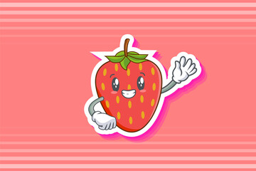 SMILING, HAPPY, GRIN SMILE Face Emotion. Waving Hand Gesture. Red Strawberry Fruit Cartoon Drawing Mascot Illustration.