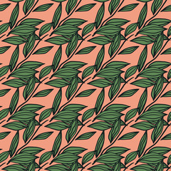 Bright seamless naive pattern with outline leaves green elements. Pink background. Stylized artwork.