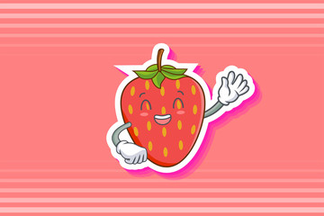 LOL, HAHA, LAUGH, fun Face Emotion. Waving Hand Gesture. Red Strawberry Fruit Cartoon Drawing Mascot Illustration.