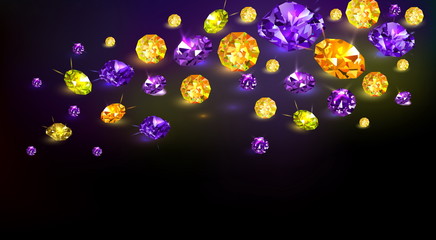 Black background with many scattered purple and yellow gems. Vector illustration.