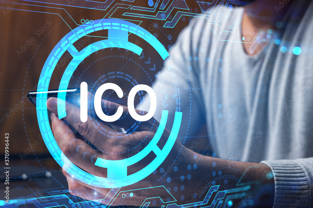 Poster man using phone. hands typing smartphone. double exposure with ico hologram. close up. financial gra