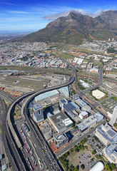 Cape Town, Western Cape / South Africa - 04/26/2019: Aerial photo of Culemborg District with Table Mountain in the background