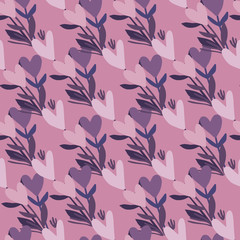 Twigs with hearts seamless floral pattern. Light violet background. Purple flowers. Simple doodle backdrop.