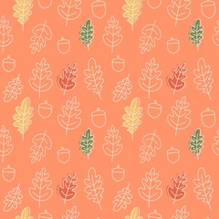 Oak leaves and acorns. Seamless linear pattern. Vector autumn illustration on orange background.