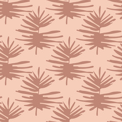 Tropical leaves silhouettes seamless pattern. Hand drawn foliage and background in pastel pink tones.