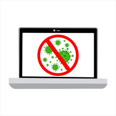 Icon of crossed-out viruses on the laptop. Computer virus, coronavirus, antivirus programs. Vector flat illustration.