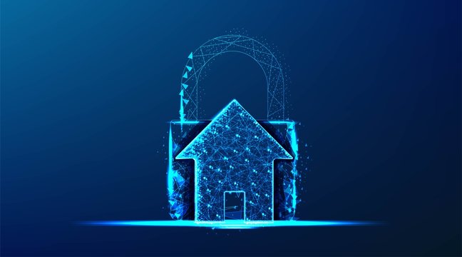 House And Padlock. Protection Security From Crime. Abstract Low Poly Wireframe Mesh Design. From Connecting Dot And Line. Vector Illustration On Blue Background