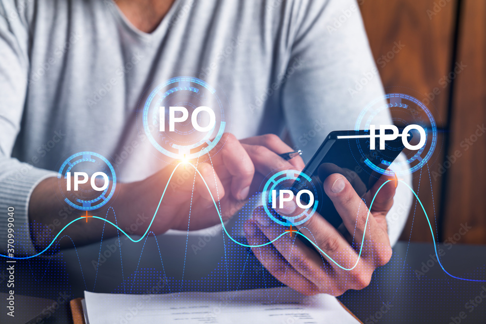 Poster man using phone. hands typing smartphone. double exposure with ipo hologram. close up. financial gra