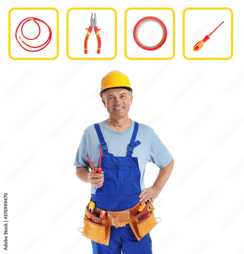 Sticker Mature electrician and tools and white background