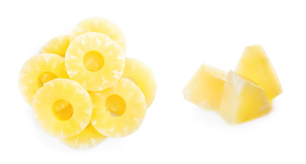 Canned pineapple rings and pieces on white background, banner design