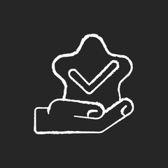 Star review chalk white icon on black background. Customer service satisfaction. Client feedback. Vote for best. Quality check. Tick mark. Positive assessment. Isolated vector chalkboard illustration