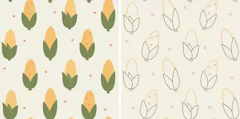 Fotobehang Seamless maize pattern. Two vector illustrations of corn crop texture in flat and linear style. © Krystyna