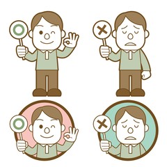 まるばつ札を持っている若い男性